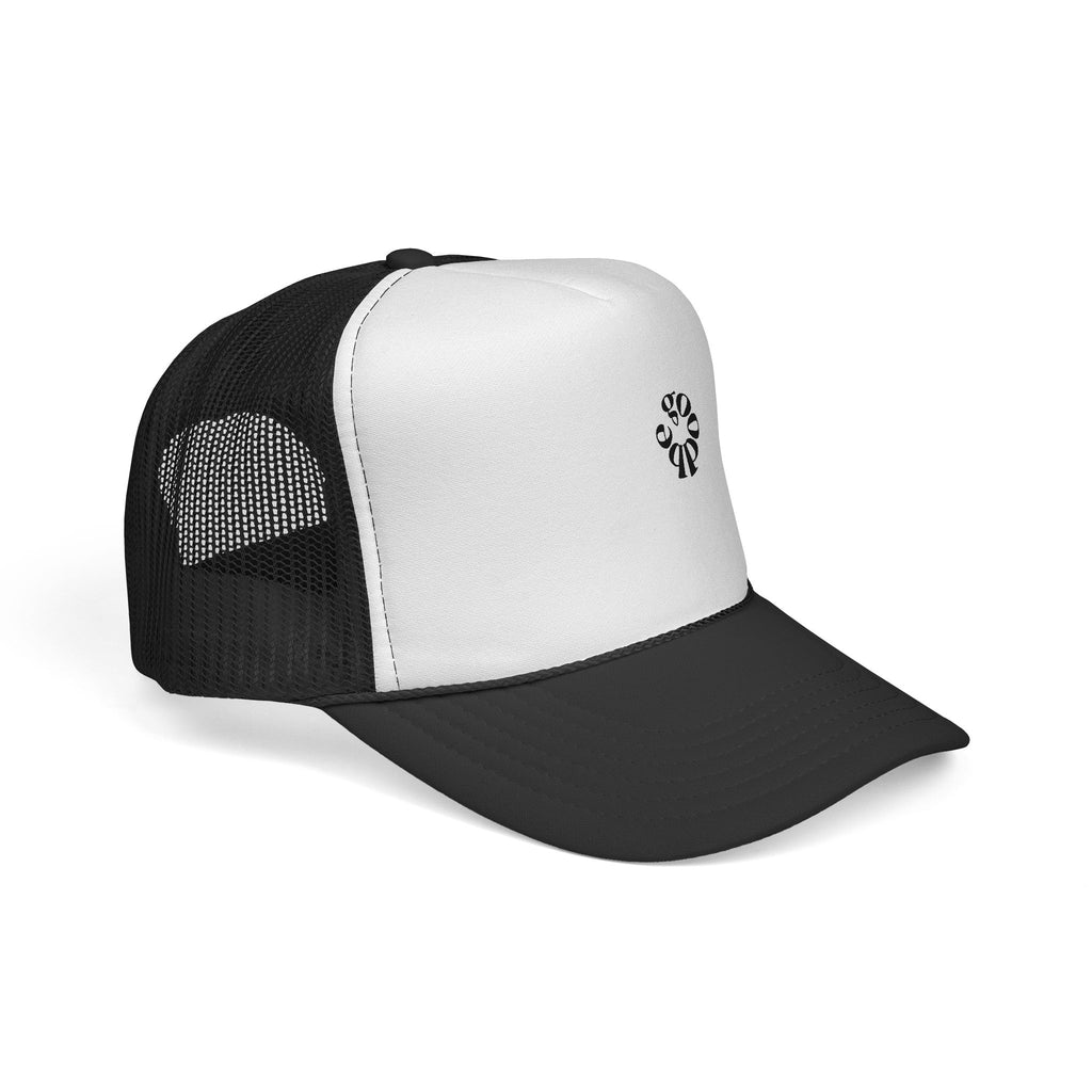 Minimal 'Good Vibes' Trucker Cap — Retro Swirl Logo Mesh Hat