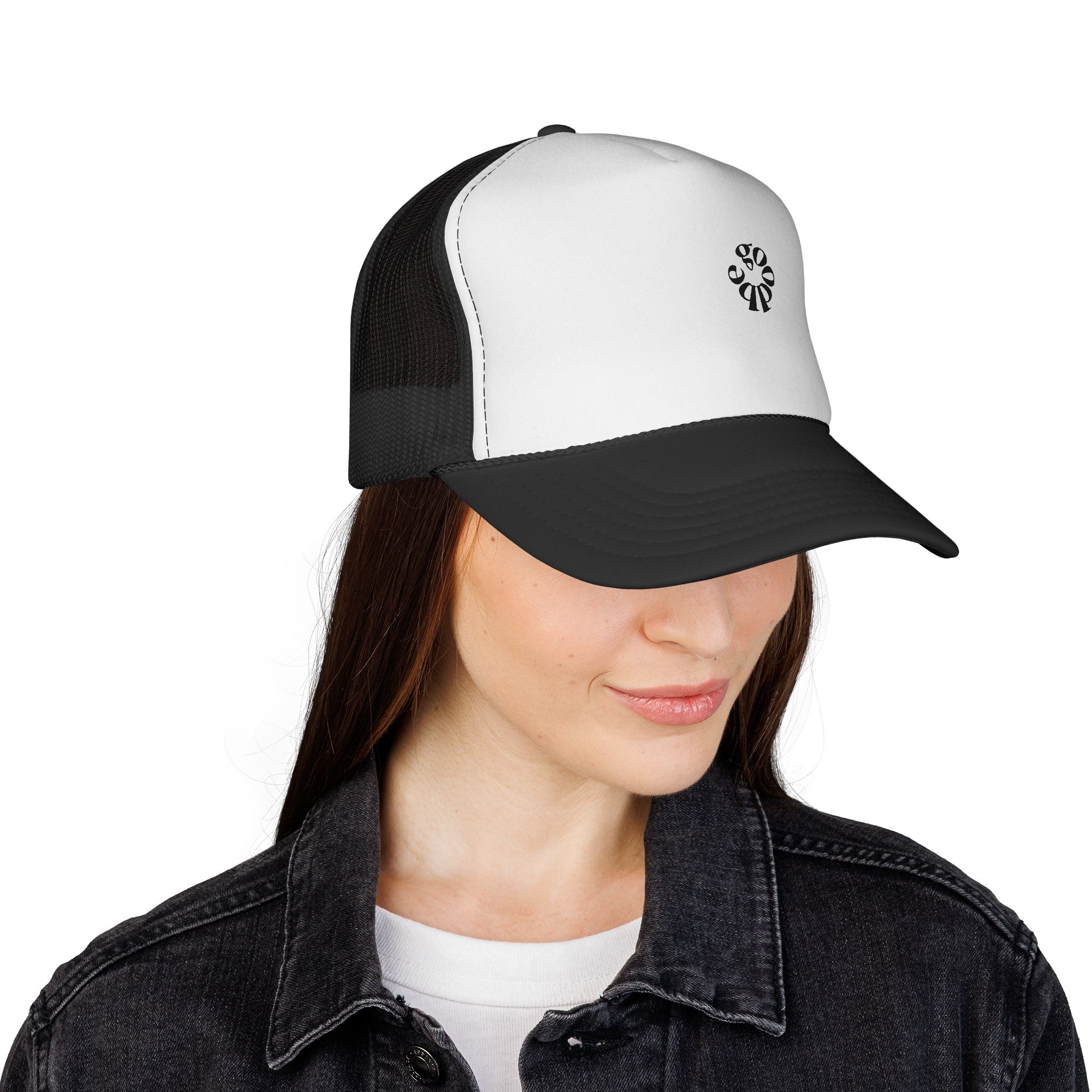Minimal 'Good Vibes' Trucker Cap — Retro Swirl Logo Mesh Hat
