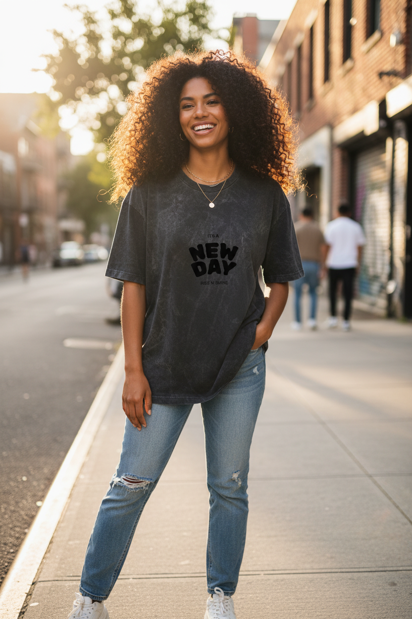 Smiling Mixed Race Woman in New Day Tee
